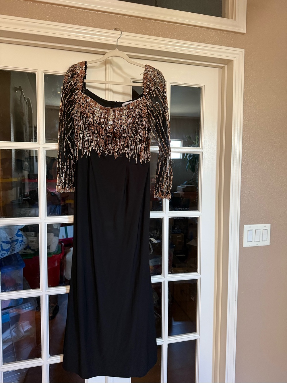 Mac Duggal Black Evening Gown with Gold and Silver Sequin Fringe